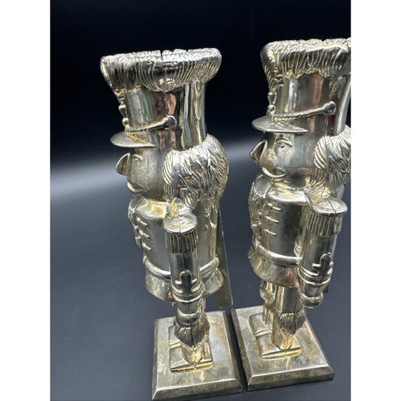 Silver Plate Nutcracker Soldier Candle Holder Set Mantle Holiday Christmas Decor - Picture 12 of 16